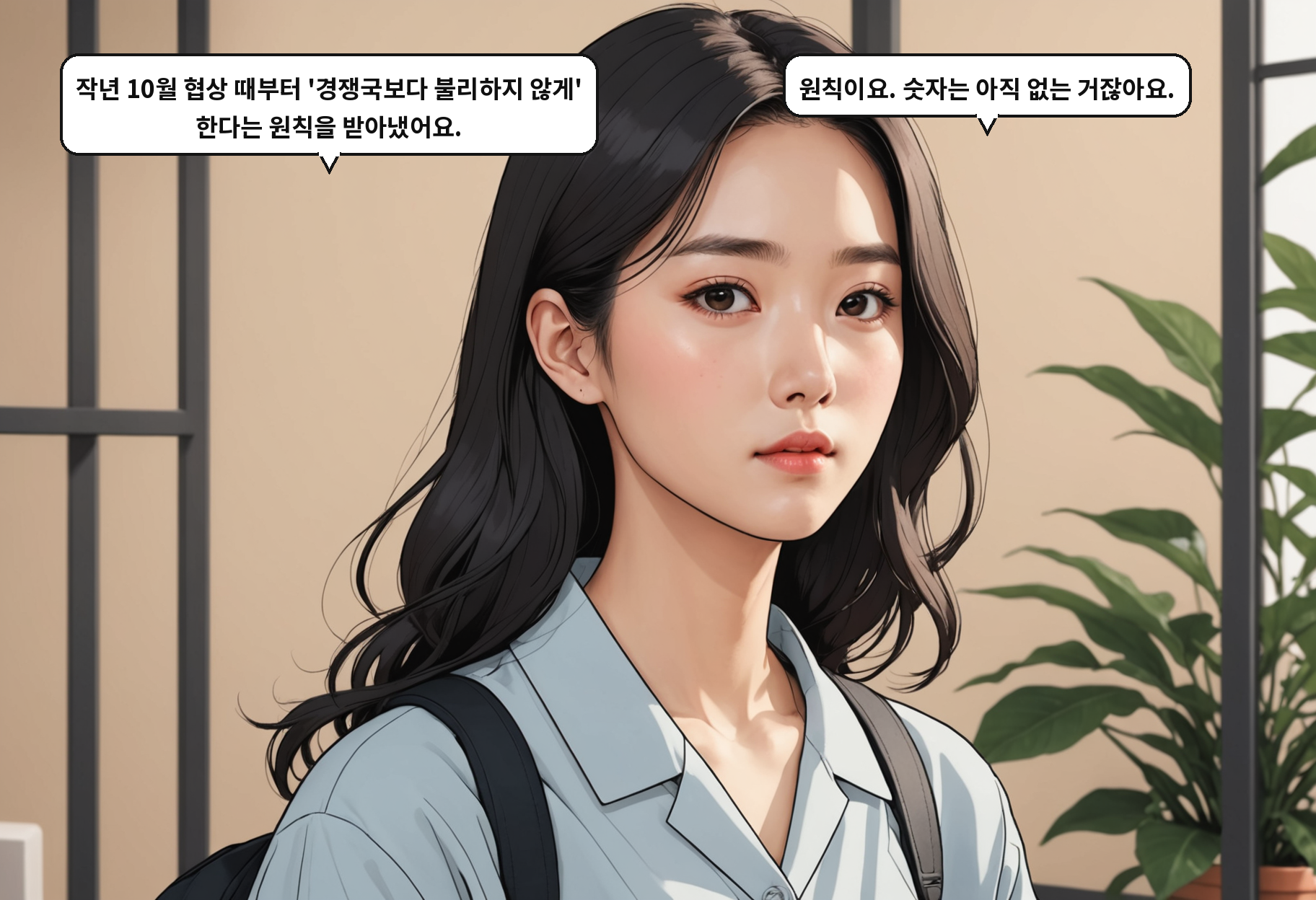 A: 근데 투자 발표보다 관세 얘기가 더 눈에 띄어요. B: 경쟁국보다 불리하지 않게 한다는 거, 말은 좋죠.