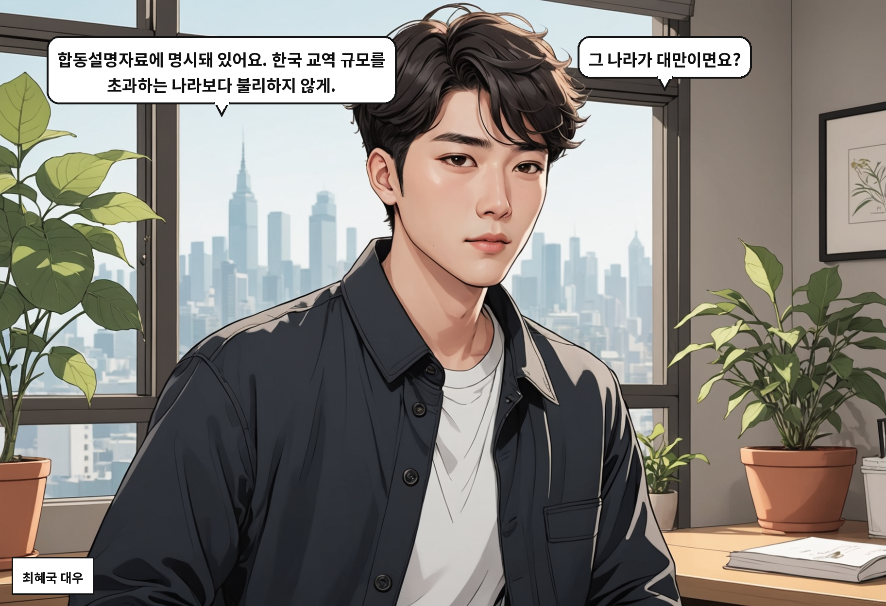 B: 합동설명자료에 명문화됐어요. 교역 규모 초과 국가보다는 불리하지 않게. A: 그게 실제로 어느 수준인지가 문제잖아요.