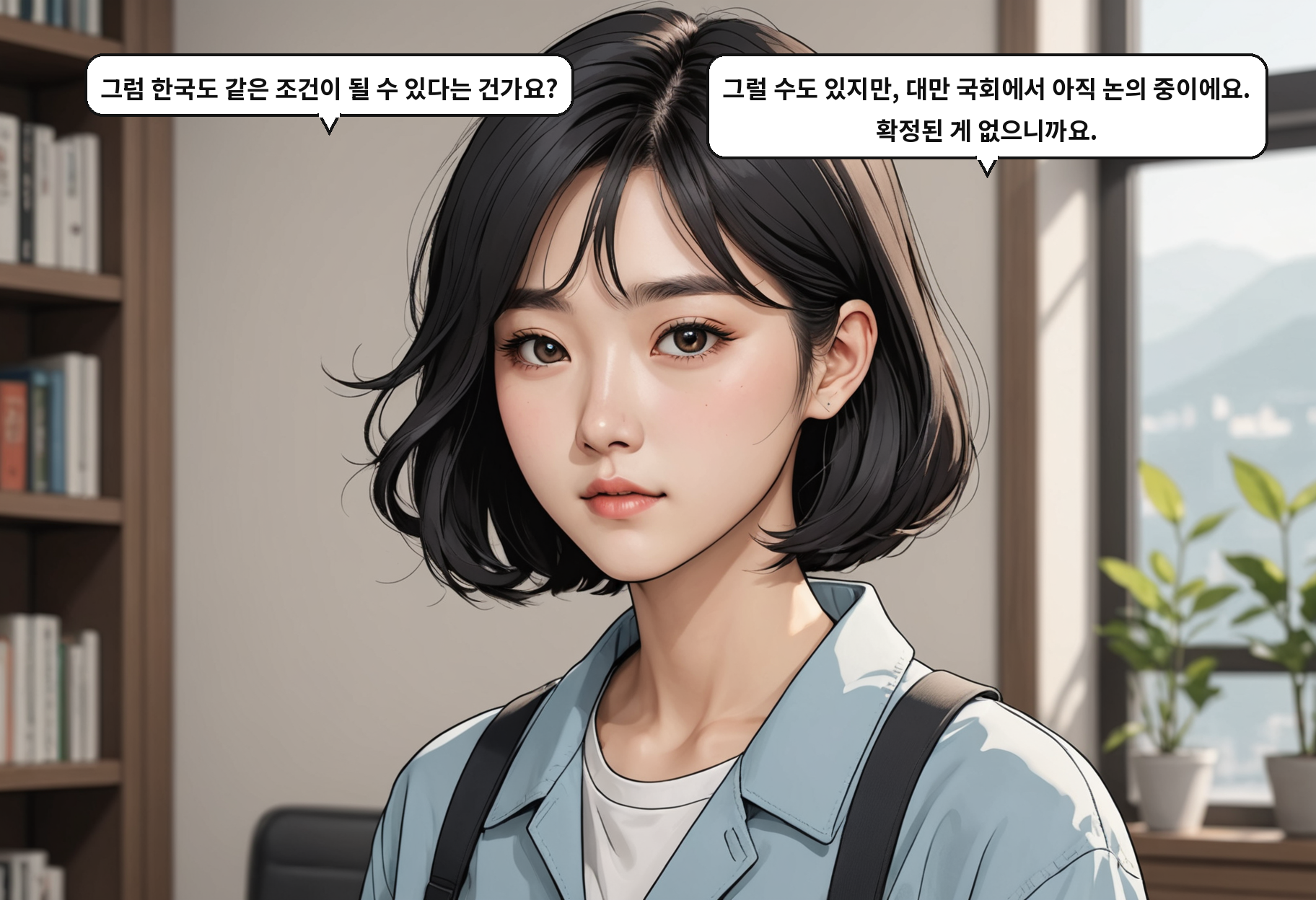 A: 한국도 그런 방식이 될 수 있냐고 장관한테 물었대요. B: 대만 국회에서 아직 논의 중이래요. 결론 난 게 아니고요.