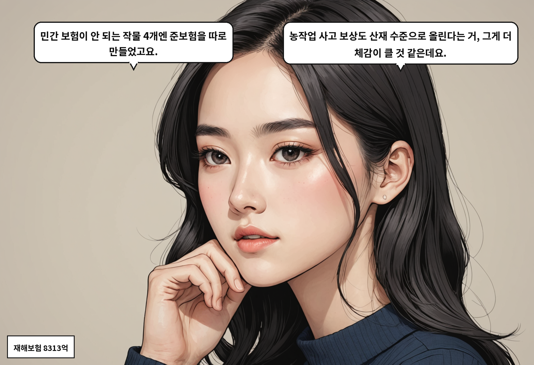 B: 민간 보험이 안 되는 작물 4개엔 준보험을 따로 만들었고요. A: 농작업 사고 보상도 산재 수준으로 올린다는 거, 그게 더 체감이 클 것 같은데요.
