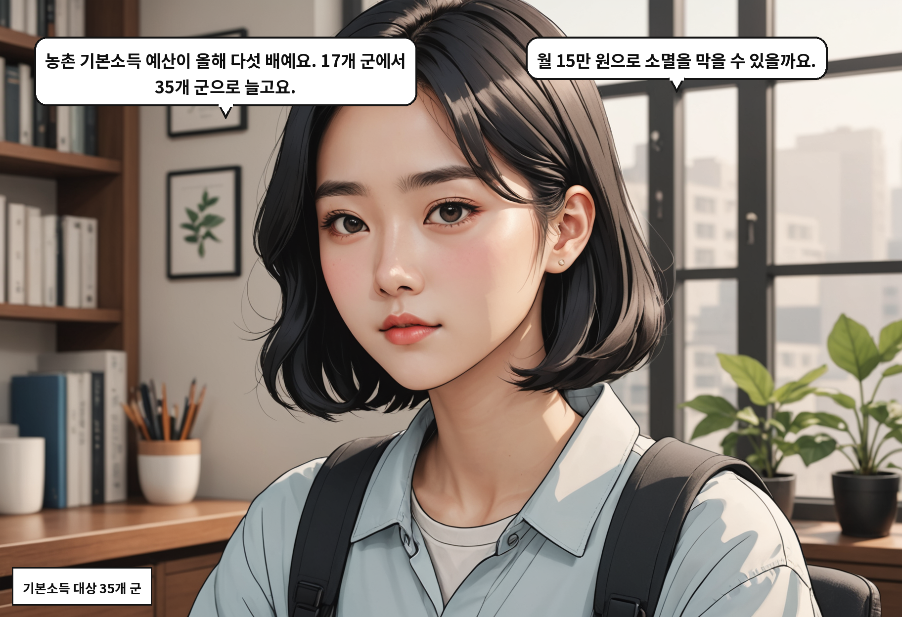 B: 농촌 기본소득 예산이 올해 다섯 배예요. 17개 군에서 35개 군으로 늘고요. A: 월 15만 원으로 소멸을 막을 수 있을까요.