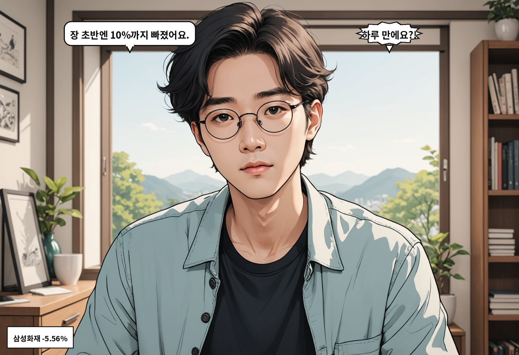 B: 장 초반엔 10%까지 빠졌어요. A: 하루 만에요?!