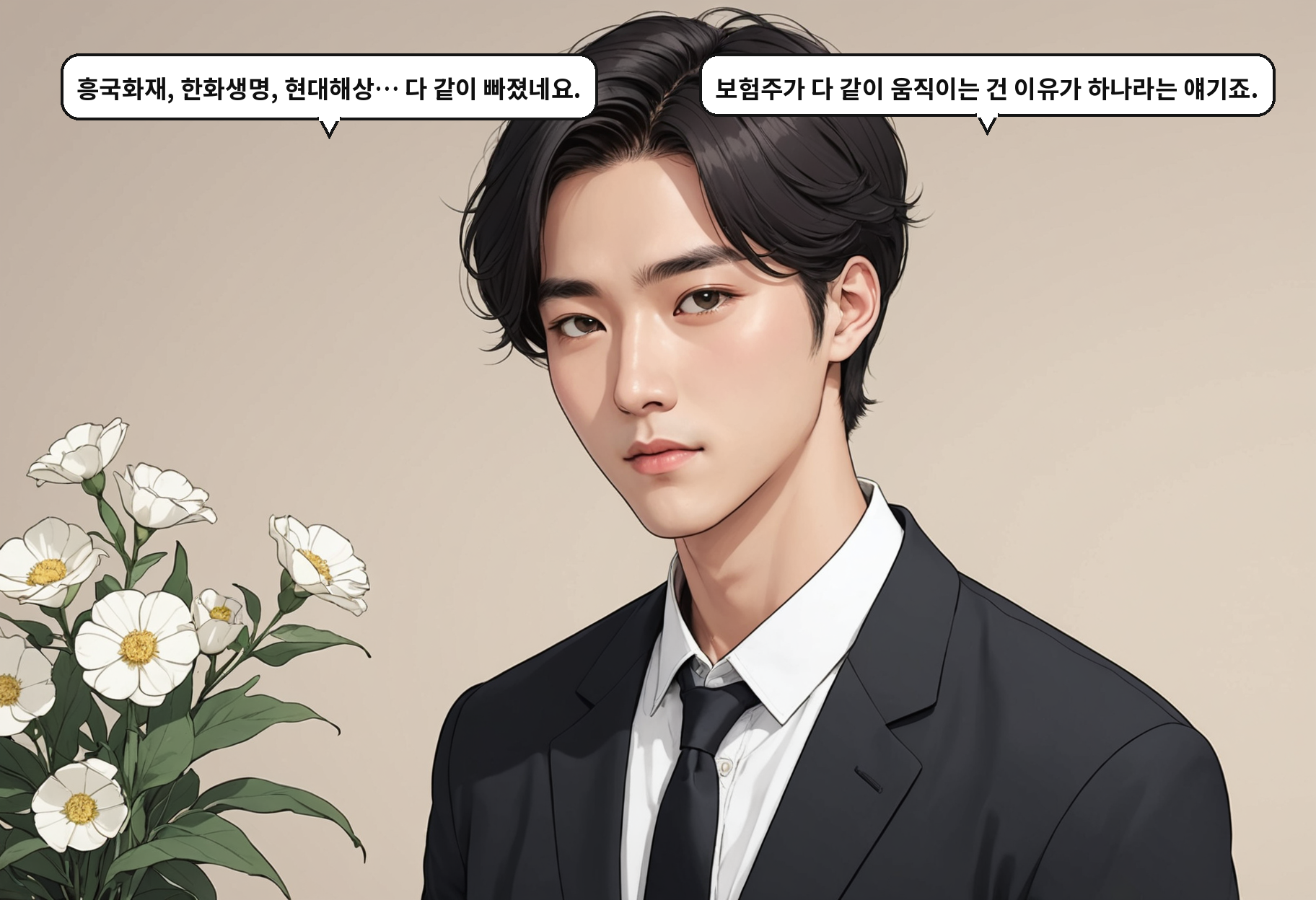 A: 흥국화재, 한화생명, 현대해상… 다 같이 빠졌네요. B: 보험주가 다 같이 움직이는 건 이유가 하나라는 얘기죠.