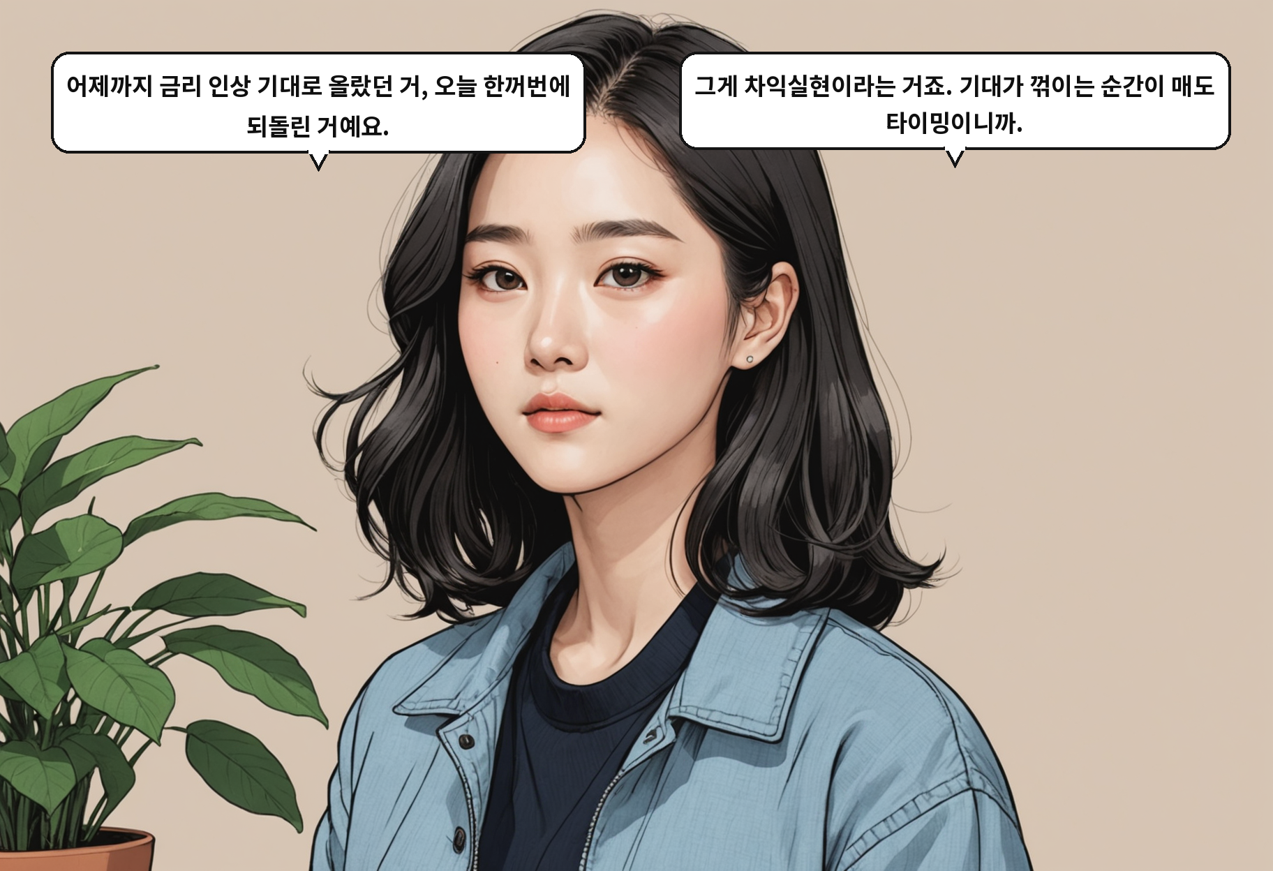 B: 어제까지 금리 인상 기대로 올랐던 거, 오늘 한꺼번에 되돌린 거예요. A: 그게 차익실현이라는 거죠. 기대가 꺾이는 순간이 매도 타이밍이니까.