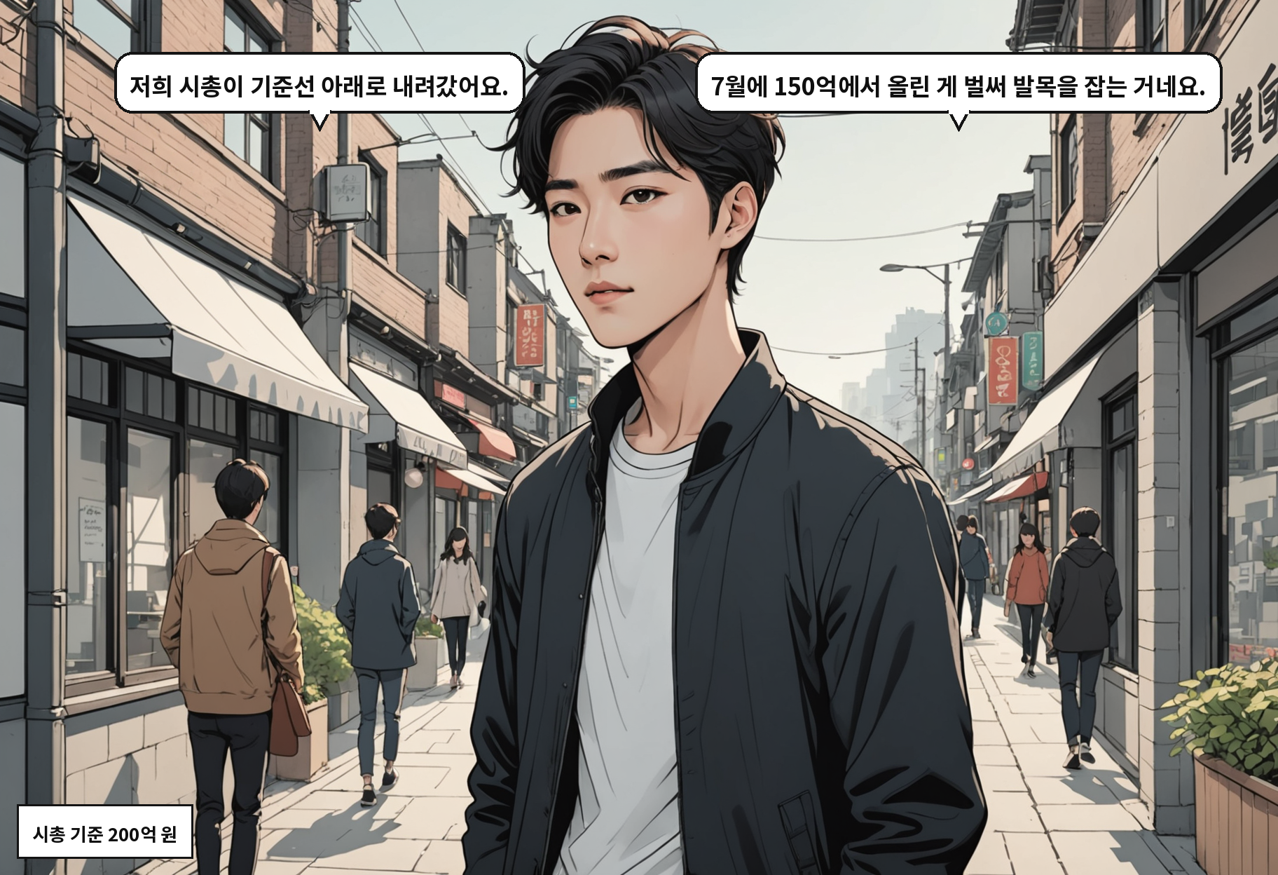 B: 저희 시총이 기준선 아래로 내려갔어요. A: 7월에 150억에서 올린 게 벌써 발목을 잡는 거네요.