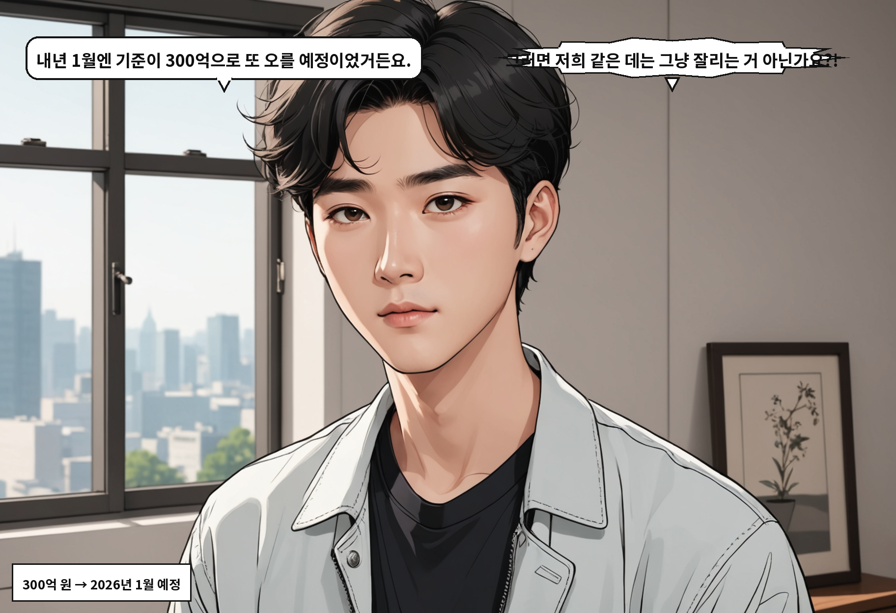A: 내년 1월엔 기준이 300억으로 또 오를 예정이었거든요. B: 그러면 저희 같은 데는 그냥 잘리는 거 아닌가요?!
