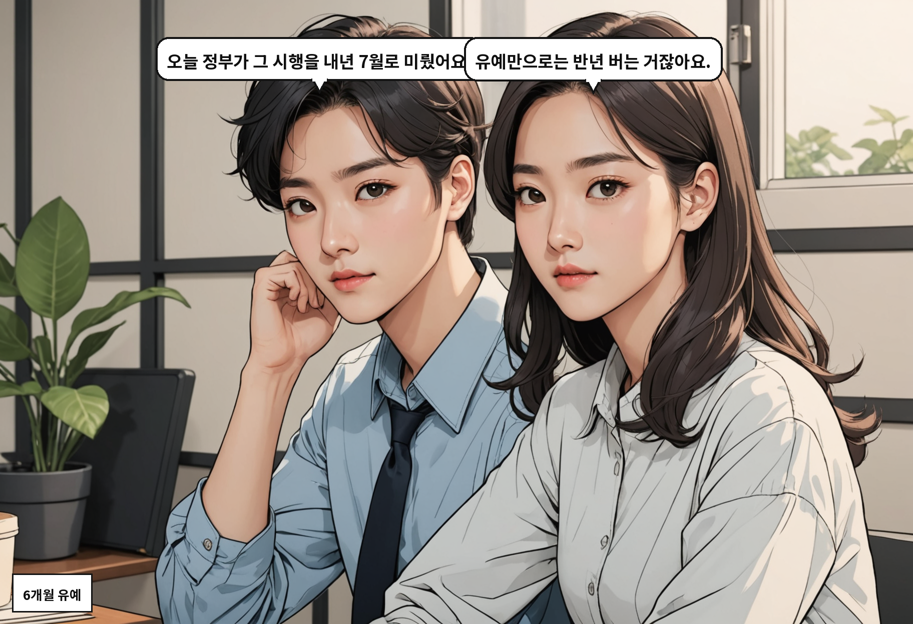 A: 오늘 정부가 그 시행을 내년 7월로 미뤘어요. B: 유예만으로는 반년 버는 거잖아요.