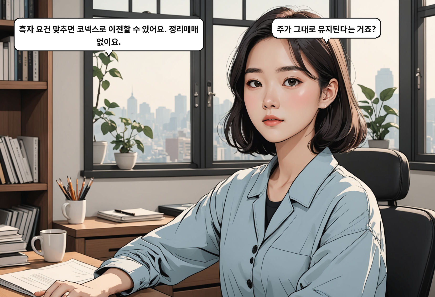 A: 흑자 요건 맞추면 코넥스로 이전할 수 있어요. 정리매매 없이요. B: 주가 그대로 유지된다는 거죠?