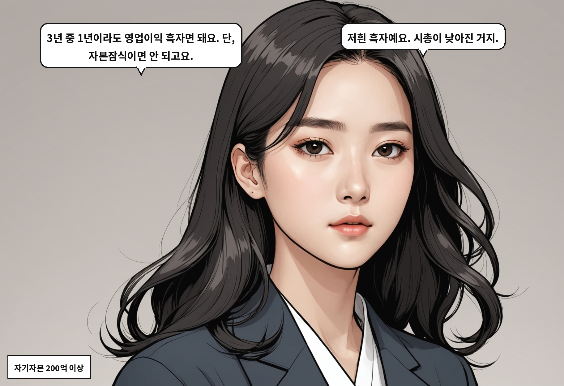 A: 3년 중 1년이라도 영업이익 흑자면 돼요. 단, 자본잠식이면 안 되고요. B: 저흰 흑자예요. 시총이 낮아진 거지.