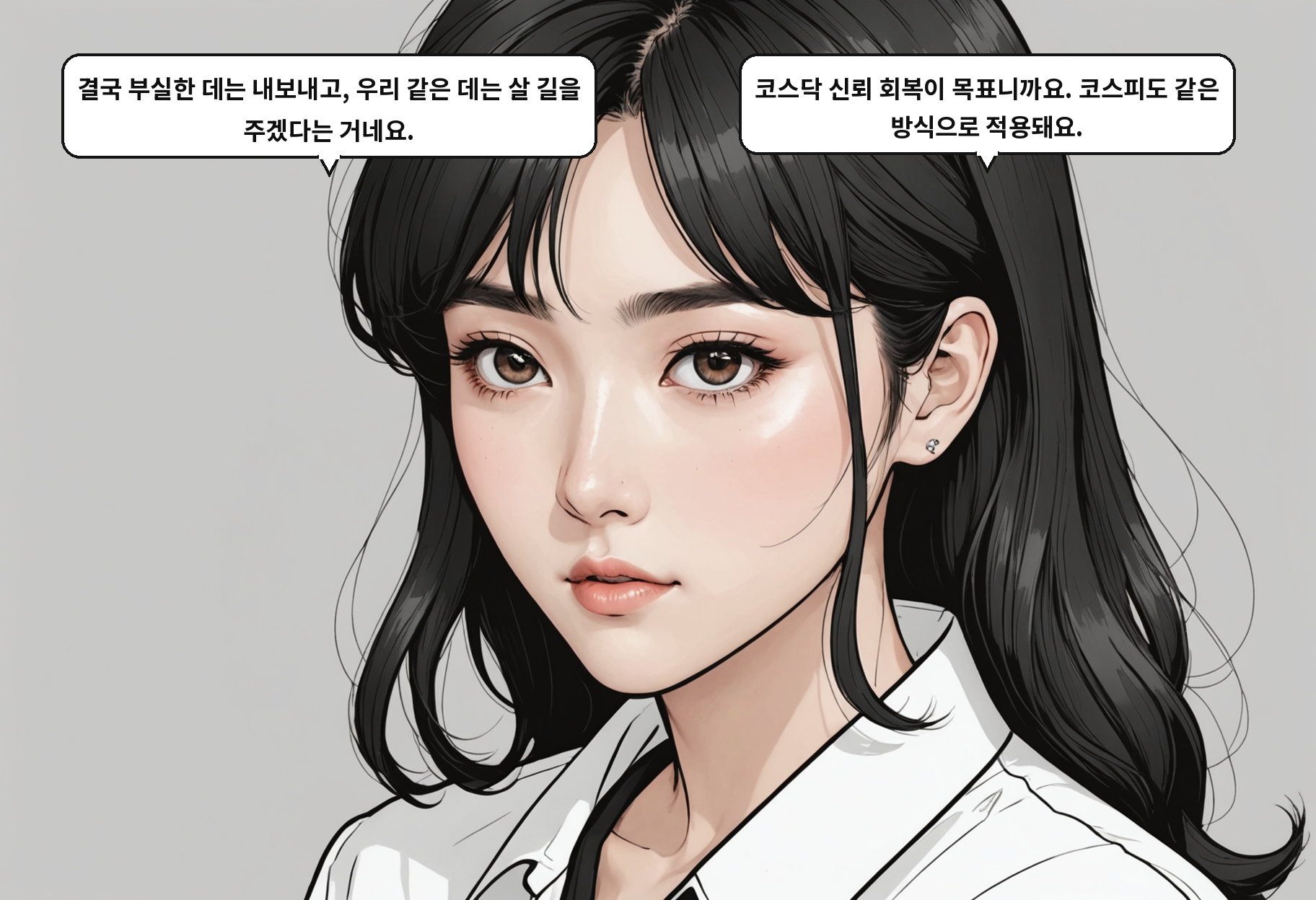 B: 결국 부실한 데는 내보내고, 우리 같은 데는 살 길을 주겠다는 거네요. A: 코스닥 신뢰 회복이 목표니까요. 코스피도 같은 방식으로 적용돼요.