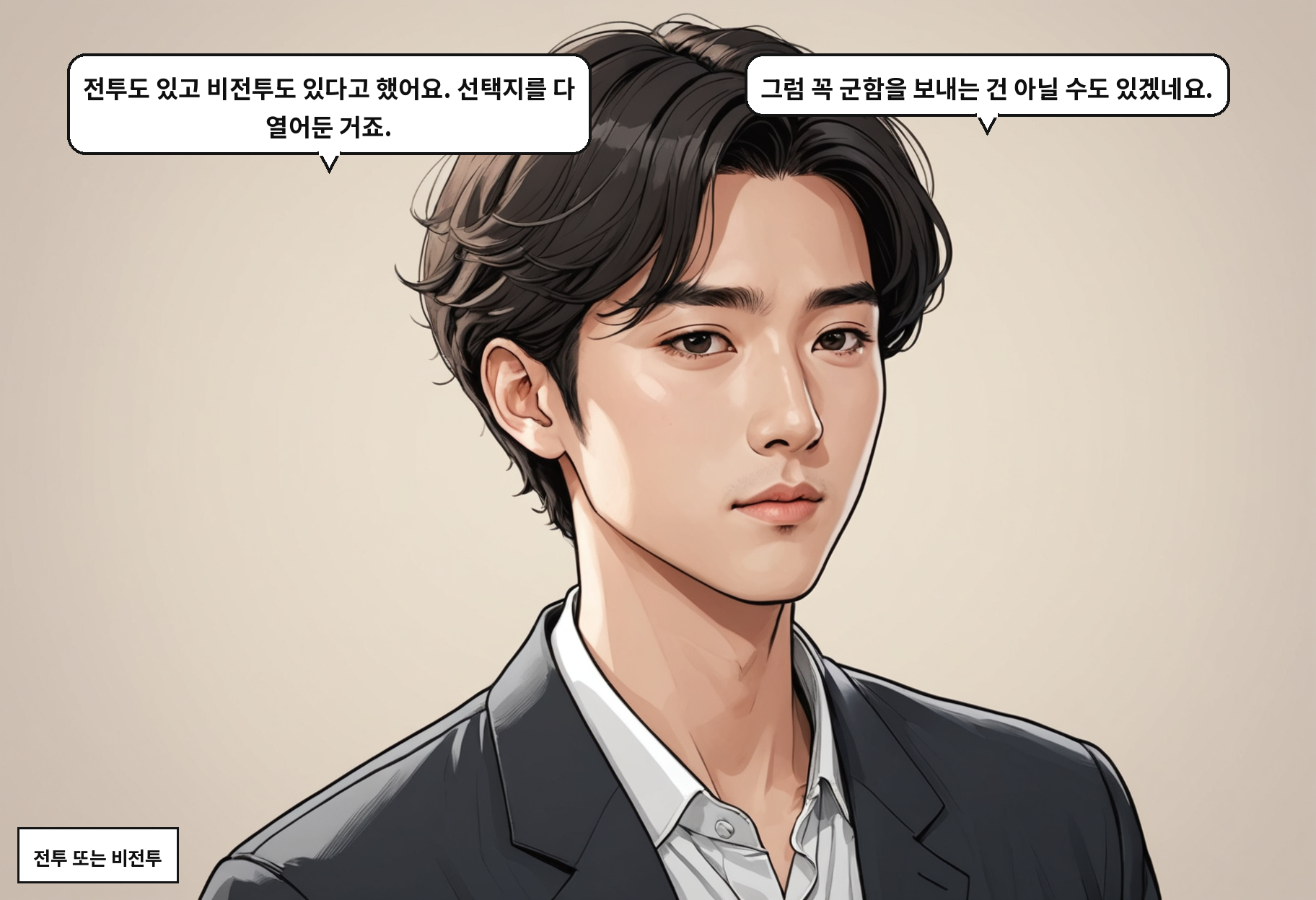 B: 전투도 있고 비전투도 있다고 했어요. 선택지를 다 열어둔 거죠. A: 그럼 꼭 군함을 보내는 건 아닐 수도 있겠네요.