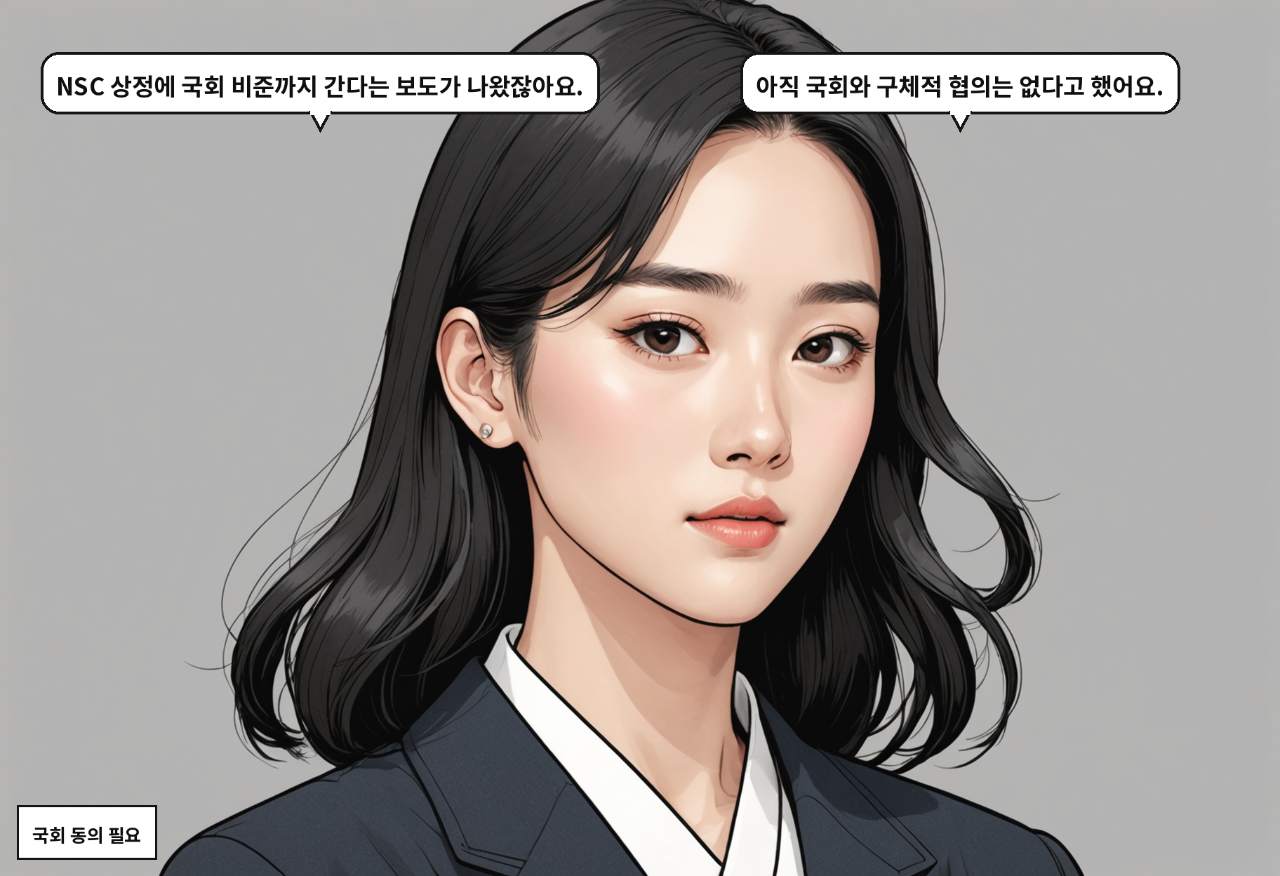 A: NSC 상정에 국회 비준까지 간다는 보도가 나왔잖아요. B: 아직 국회와 구체적 협의는 없다고 했어요.