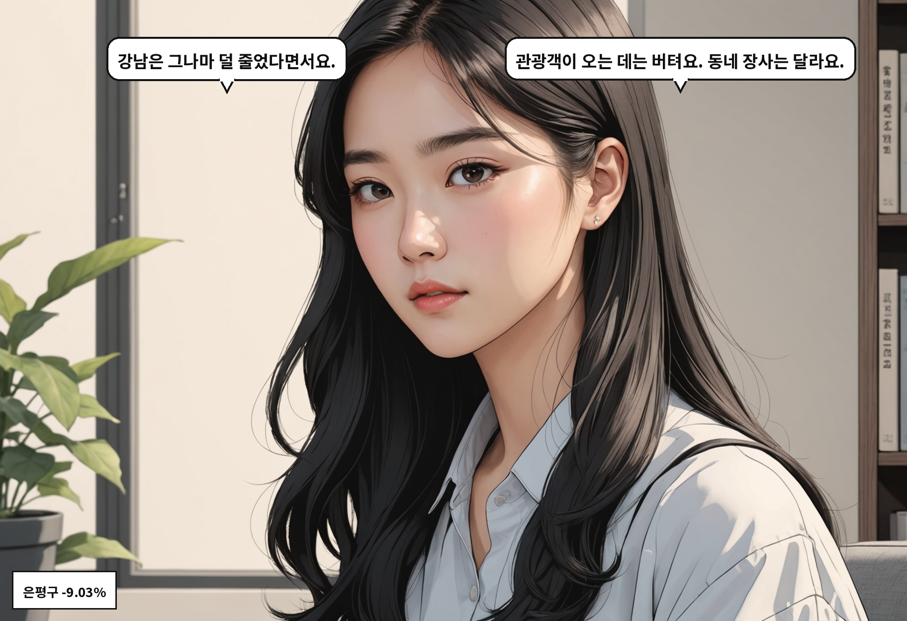A: 강남은 그나마 덜 줄었다면서요. B: 관광객이 오는 데는 버텨요. 동네 장사는 달라요.