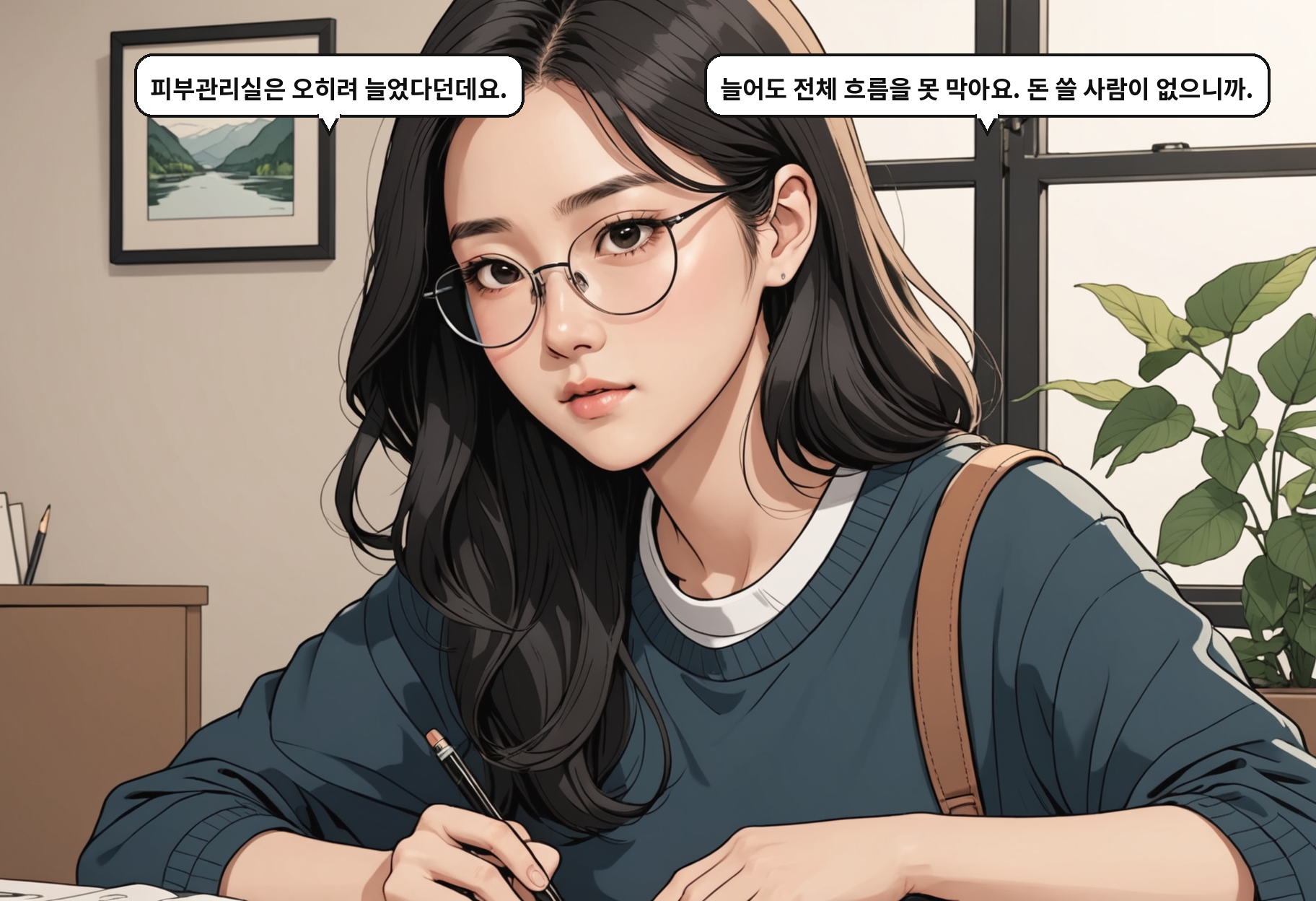 A: 피부관리실은 오히려 늘었다던데요. B: 늘어도 전체 흐름을 못 막아요. 돈 쓸 사람이 없으니까.