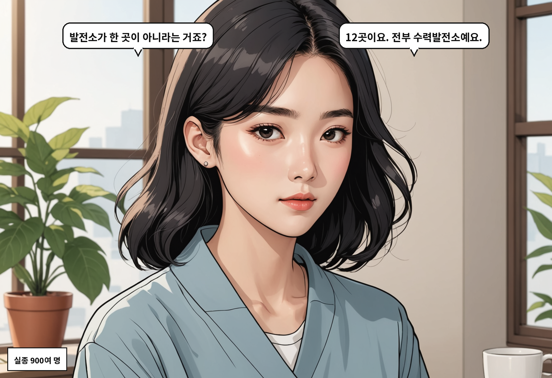 B: 발전소가 한 곳이 아니라는 거죠? A: 12곳이요. 전부 수력발전소예요.