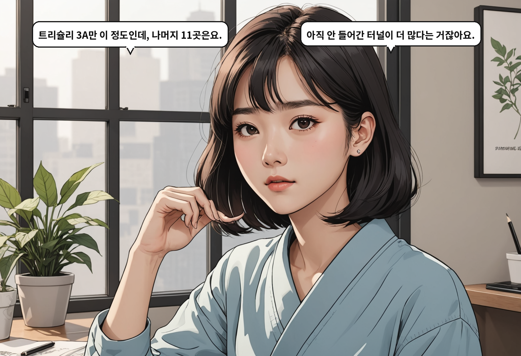 A: 트리슐리 3A만 이 정도인데, 나머지 11곳은요. B: 아직 안 들어간 터널이 더 많다는 거잖아요.