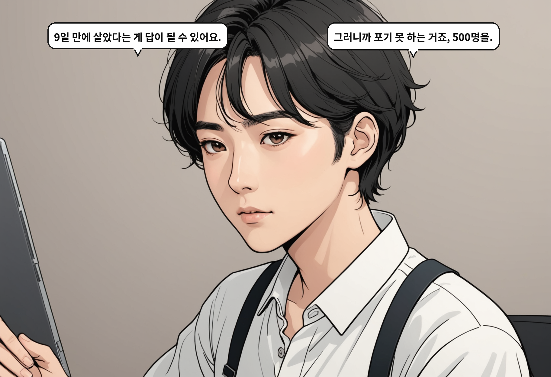 B: 9일 만에 살았다는 게 답이 될 수 있어요. A: 그러니까 포기 못 하는 거죠, 500명을.