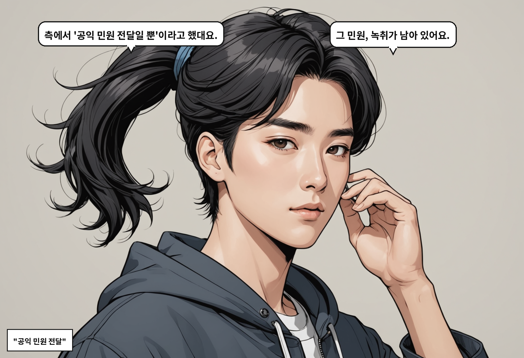 A: 측에서 '공익 민원 전달일 뿐'이라고 했대요. B: 그 민원, 녹취가 남아 있어요.