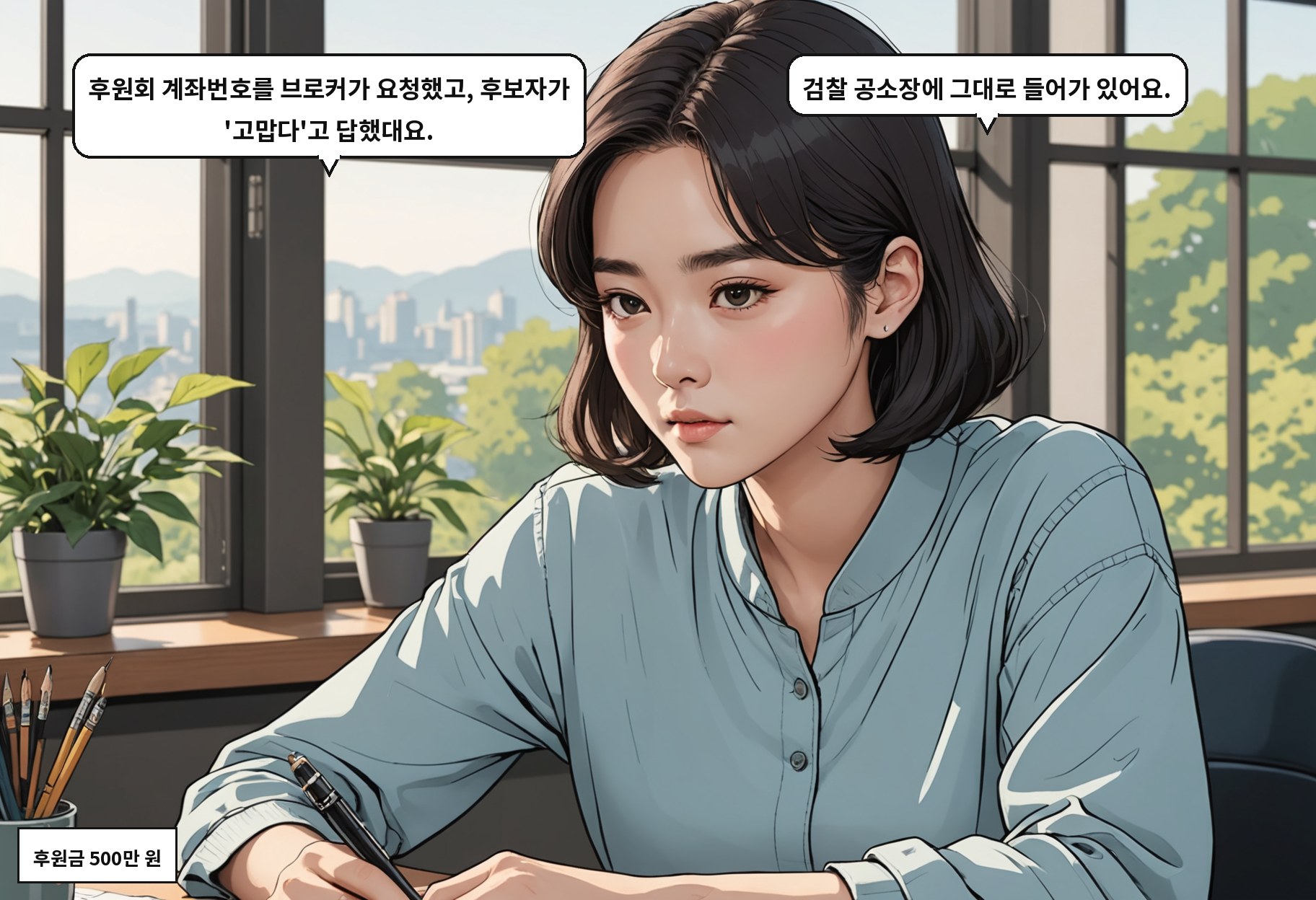 A: 후원회 계좌번호를 브로커가 요청했고, 후보자가 '고맙다'고 답했대요. B: 검찰 공소장에 그대로 들어가 있어요.