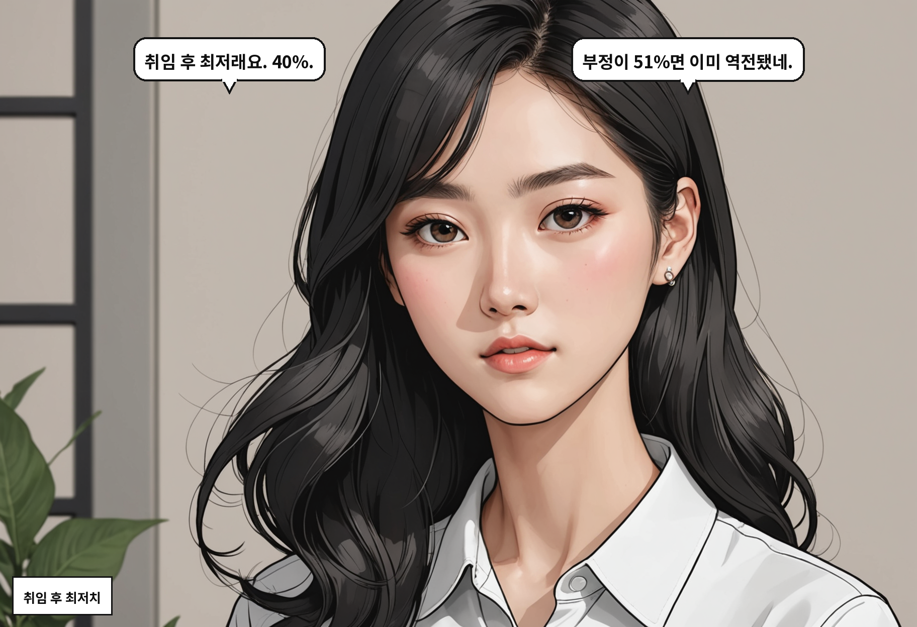 A: 취임 후 최저래요. 40%. B: 부정이 51%면 이미 역전됐네.