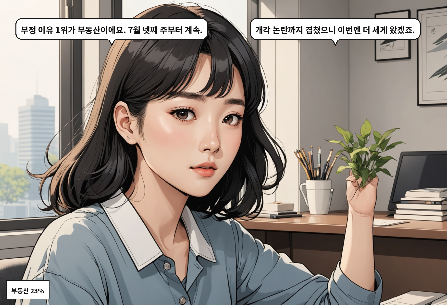 A: 부정 이유 1위가 부동산이에요. 7월 넷째 주부터 계속. B: 개각 논란까지 겹쳤으니 이번엔 더 세게 왔겠죠.