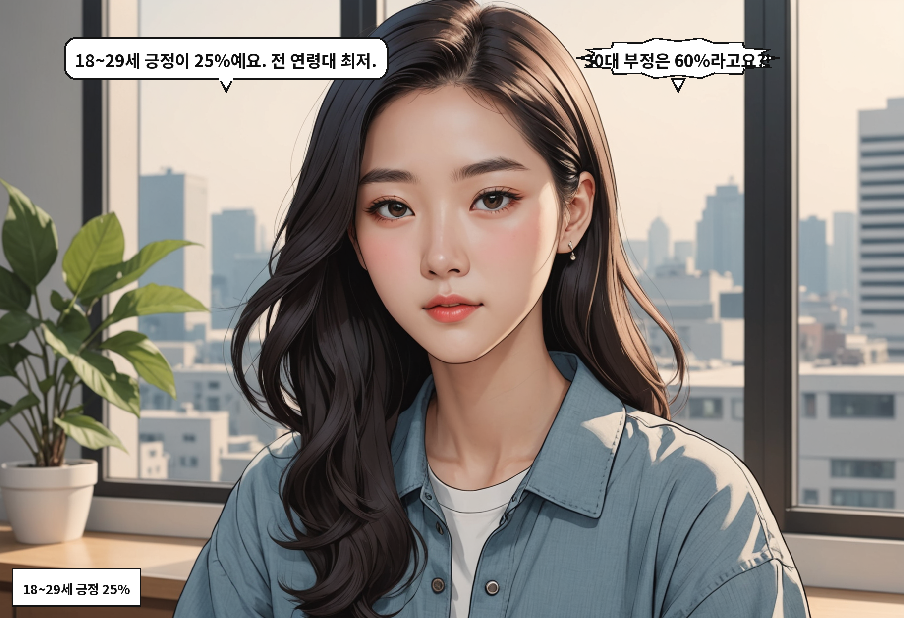 B: 18~29세 긍정이 25%예요. 전 연령대 최저. A: 30대 부정은 60%라고요?!