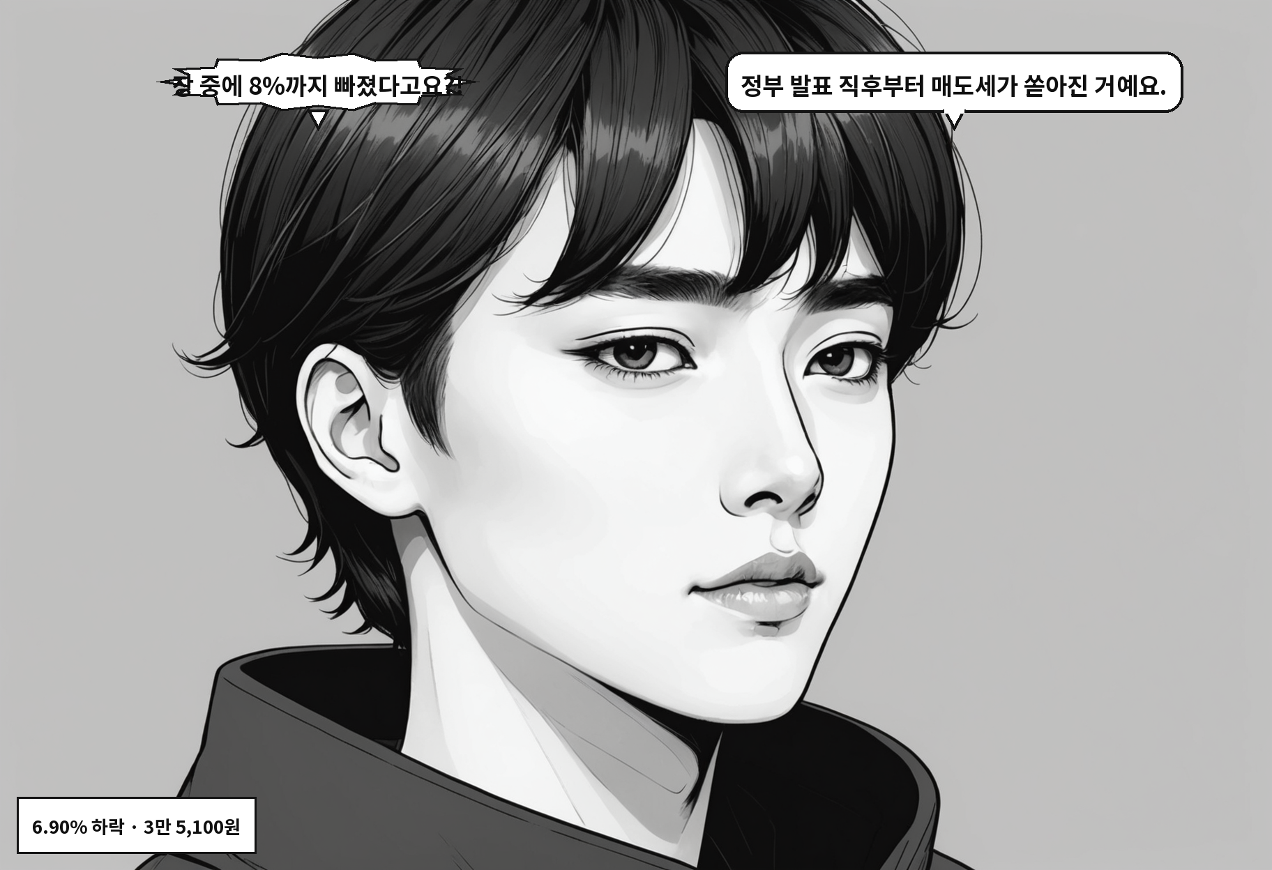 B: 장 중에 8%까지 빠졌다고요?! A: 정부 발표 직후부터 매도세가 쏟아진 거예요.
