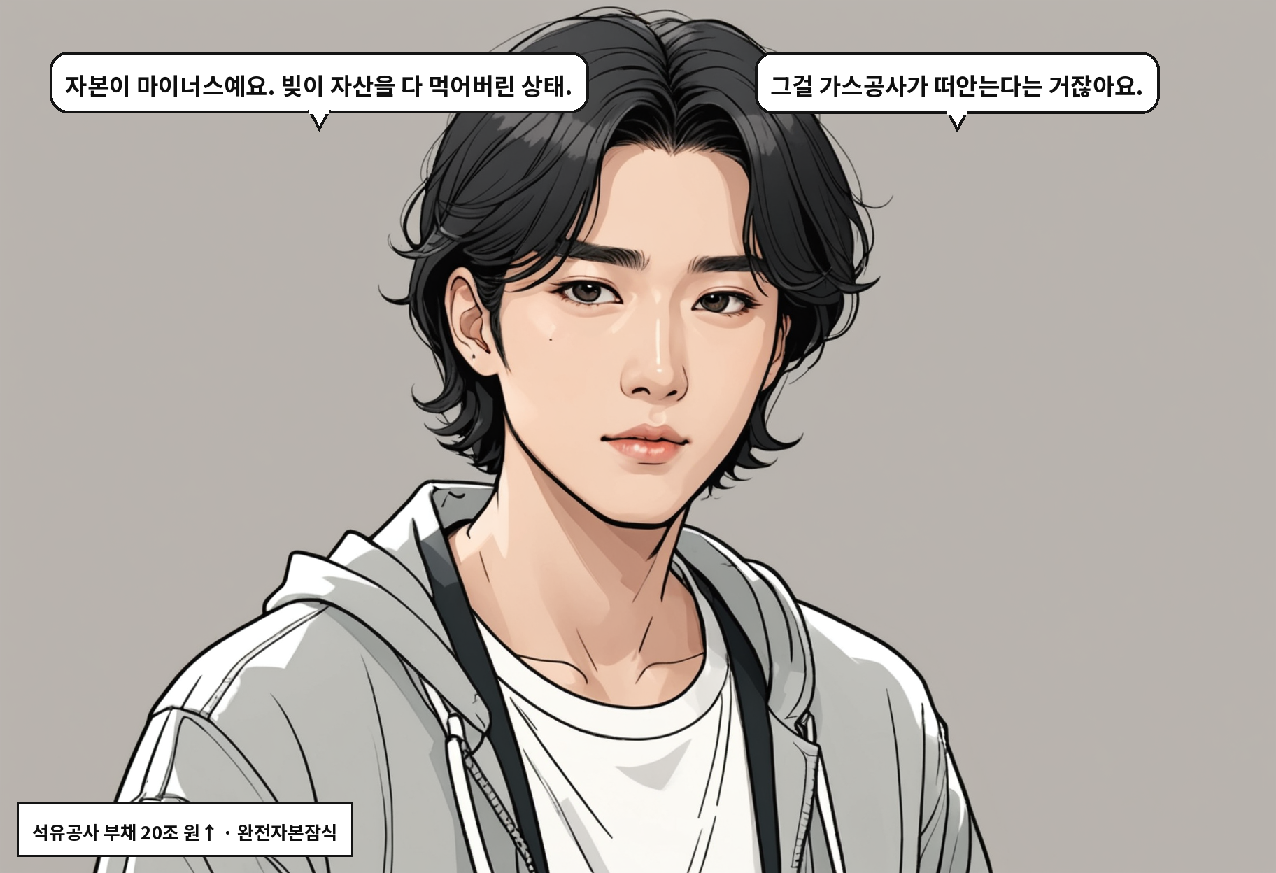 A: 자본이 마이너스예요. 빚이 자산을 다 먹어버린 상태. B: 그걸 가스공사가 떠안는다는 거잖아요.