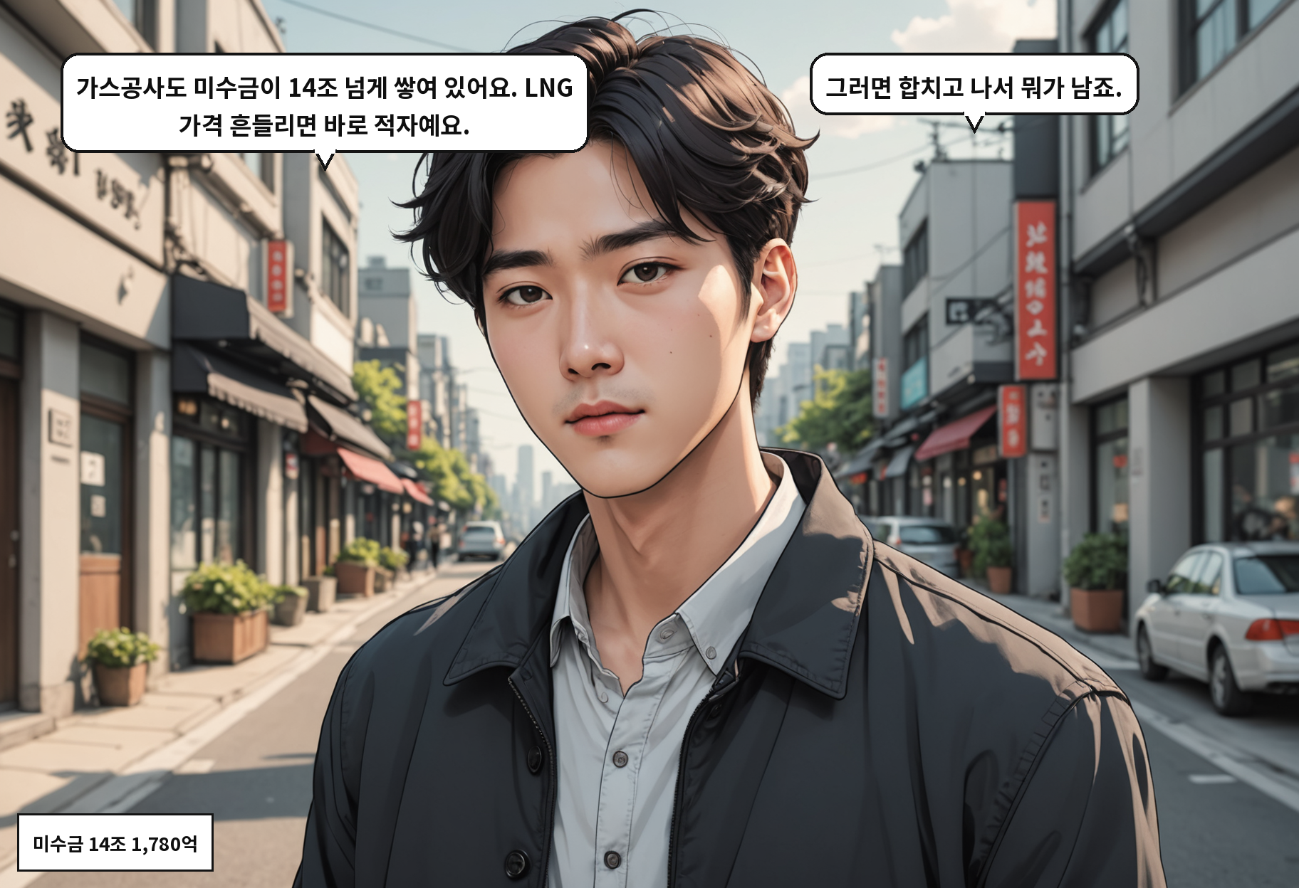 A: 가스공사도 미수금이 14조 넘게 쌓여 있어요. LNG 가격 흔들리면 바로 적자예요. B: 그러면 합치고 나서 뭐가 남죠.