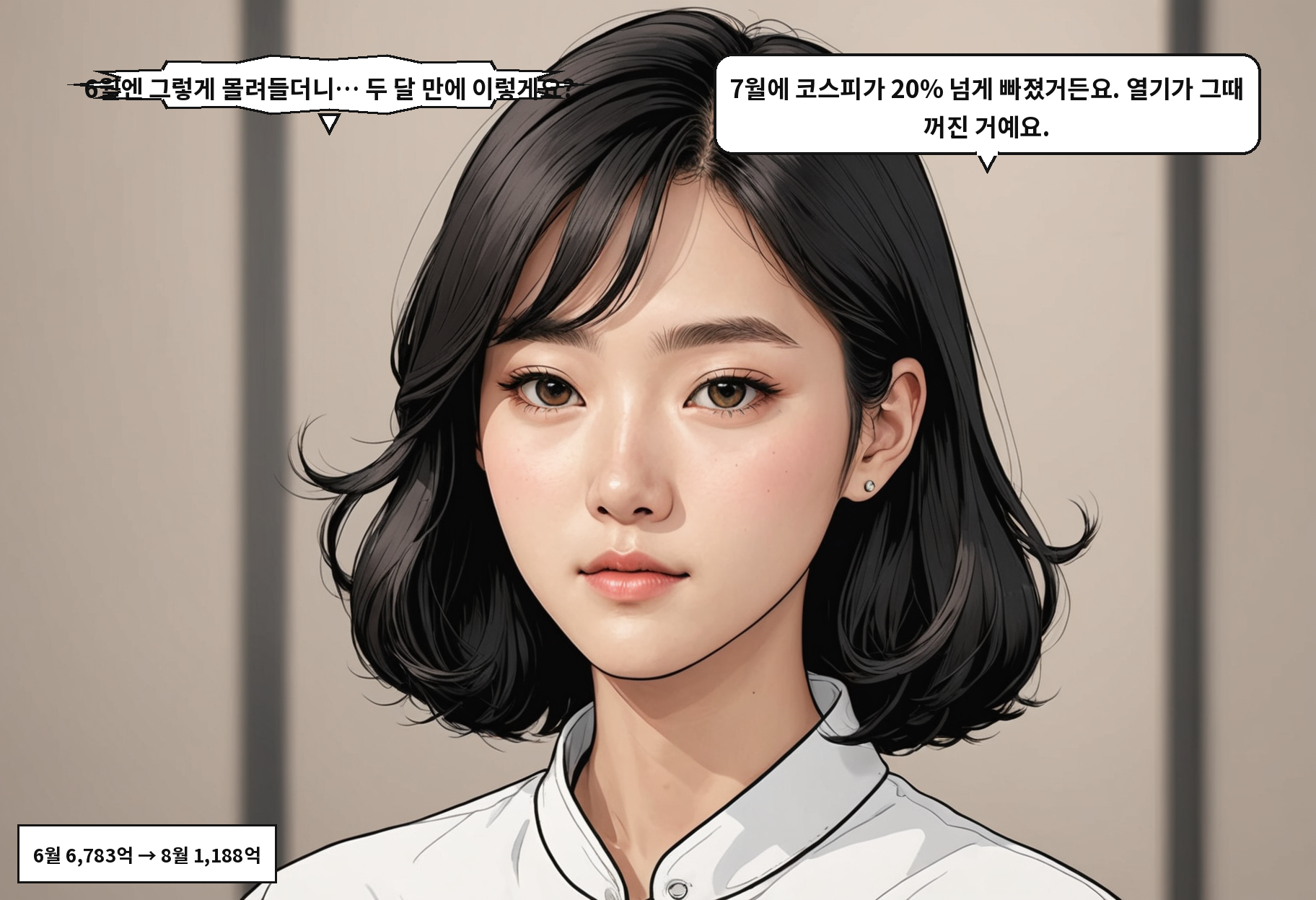 B: 6월엔 그렇게 몰려들더니… 두 달 만에 이렇게요? A: 7월에 코스피가 20% 넘게 빠졌거든요. 열기가 그때 꺼진 거예요.