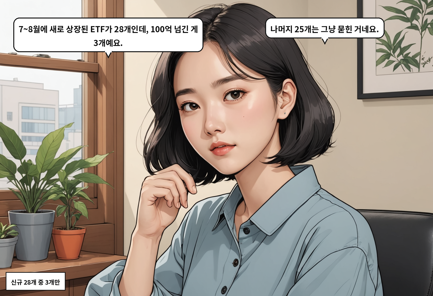 A: 7~8월에 새로 상장된 ETF가 28개인데, 100억 넘긴 게 3개예요. B: 나머지 25개는 그냥 묻힌 거네요.
