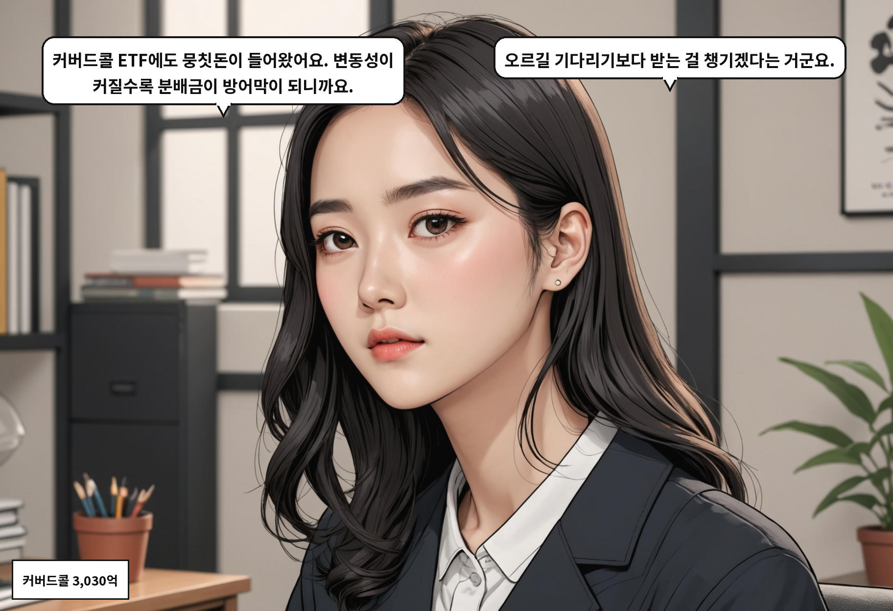 A: 커버드콜 ETF에도 뭉칫돈이 들어왔어요. 변동성이 커질수록 분배금이 방어막이 되니까요. B: 오르길 기다리기보다 받는 걸 챙기겠다는 거군요.