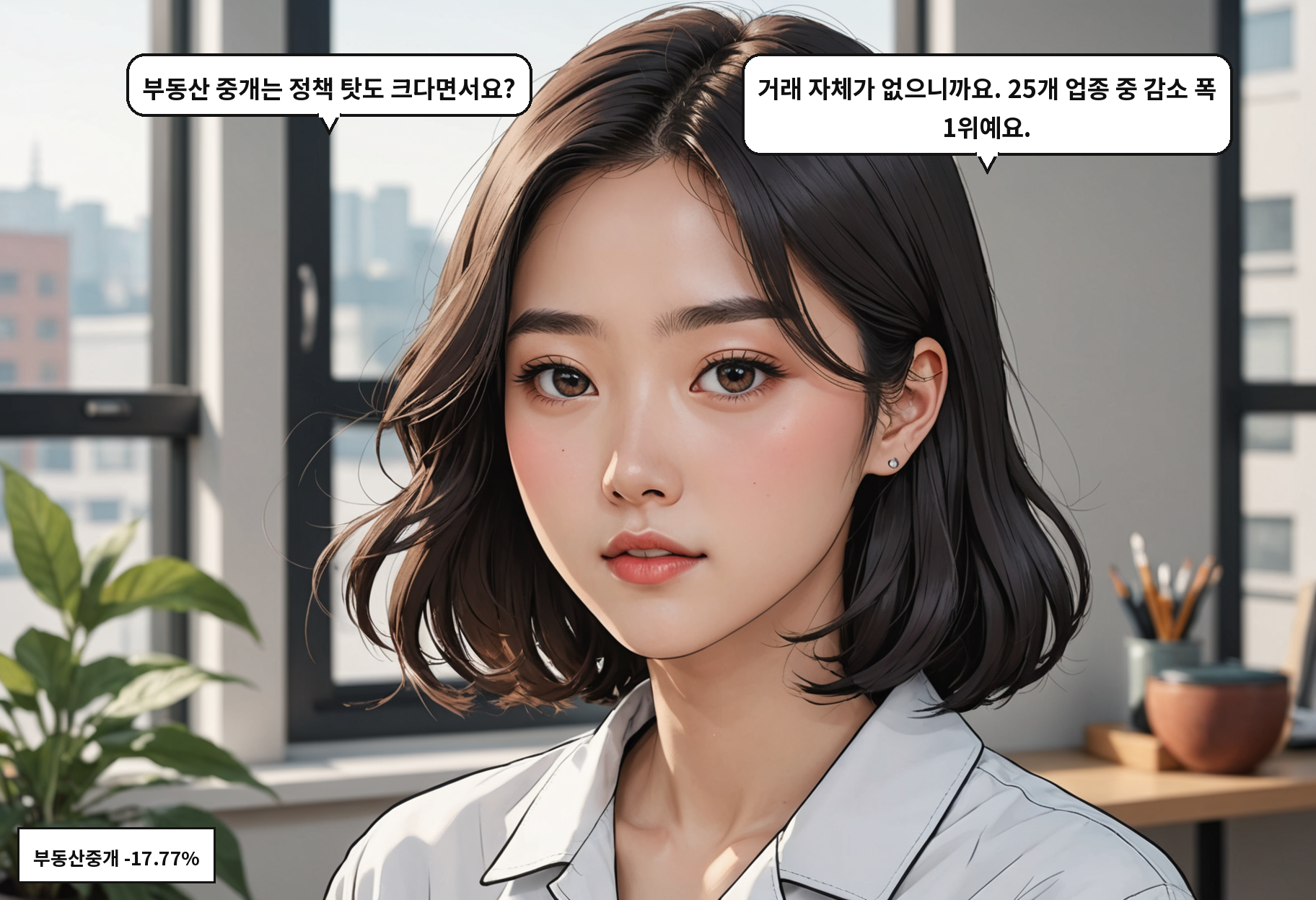 A: 부동산 중개는 정책 탓도 크다면서요? B: 거래 자체가 없으니까요. 25개 업종 중 감소 폭 1위예요.