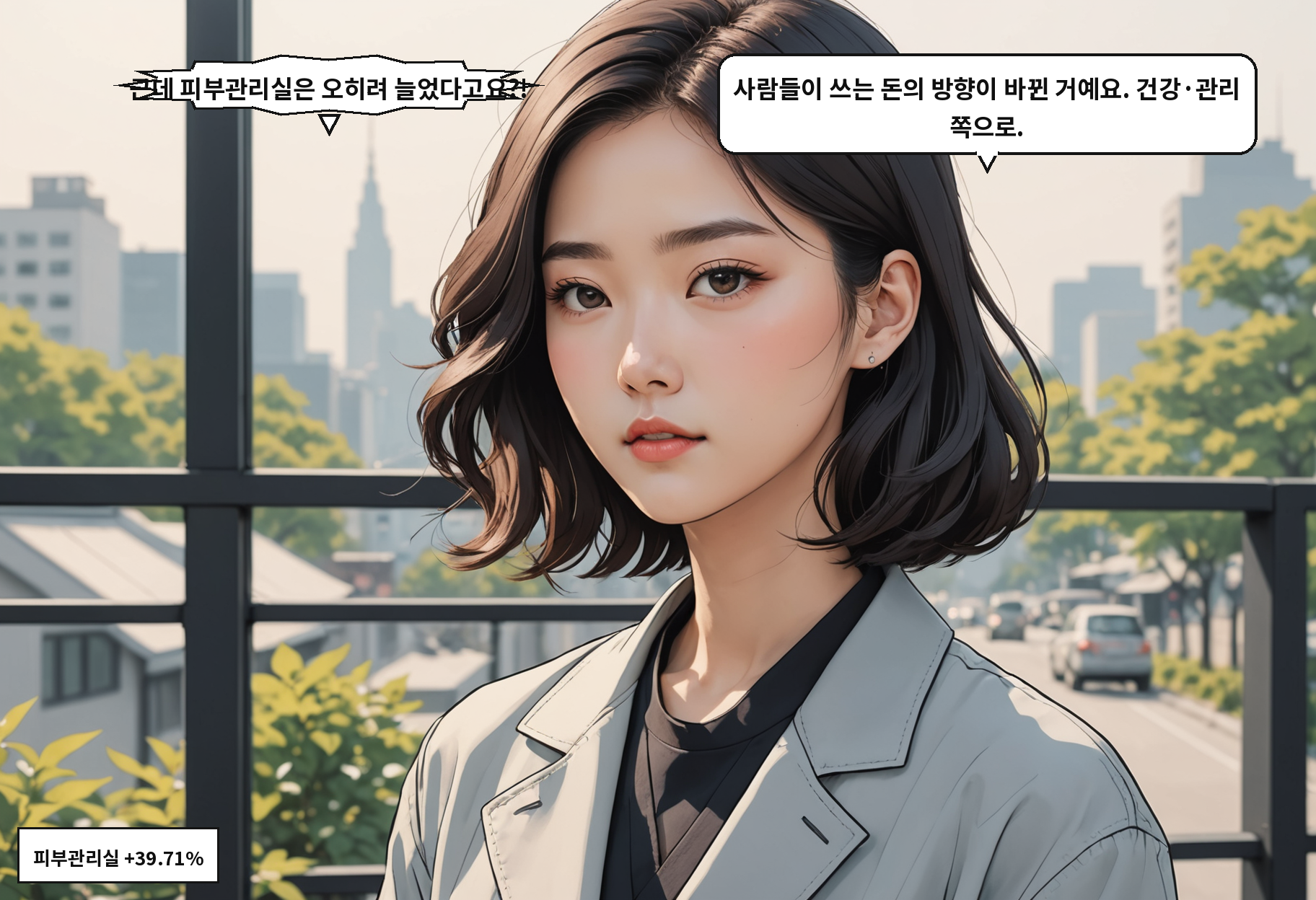 A: 근데 피부관리실은 오히려 늘었다고요?! B: 사람들이 쓰는 돈의 방향이 바뀐 거예요. 건강·관리 쪽으로.