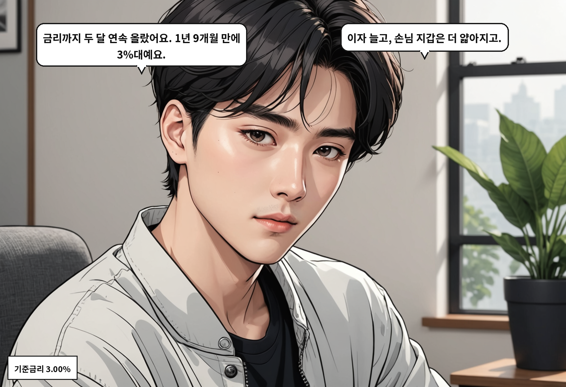 B: 금리까지 두 달 연속 올랐어요. 1년 9개월 만에 3%대예요. A: 이자 늘고, 손님 지갑은 더 얇아지고.