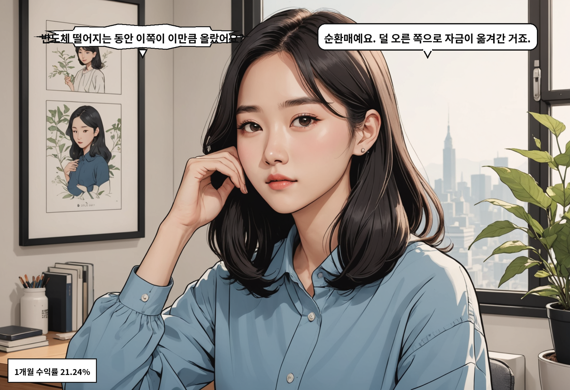 B: 반도체 떨어지는 동안 이쪽이 이만큼 올랐어요? A: 순환매예요. 덜 오른 쪽으로 자금이 옮겨간 거죠.