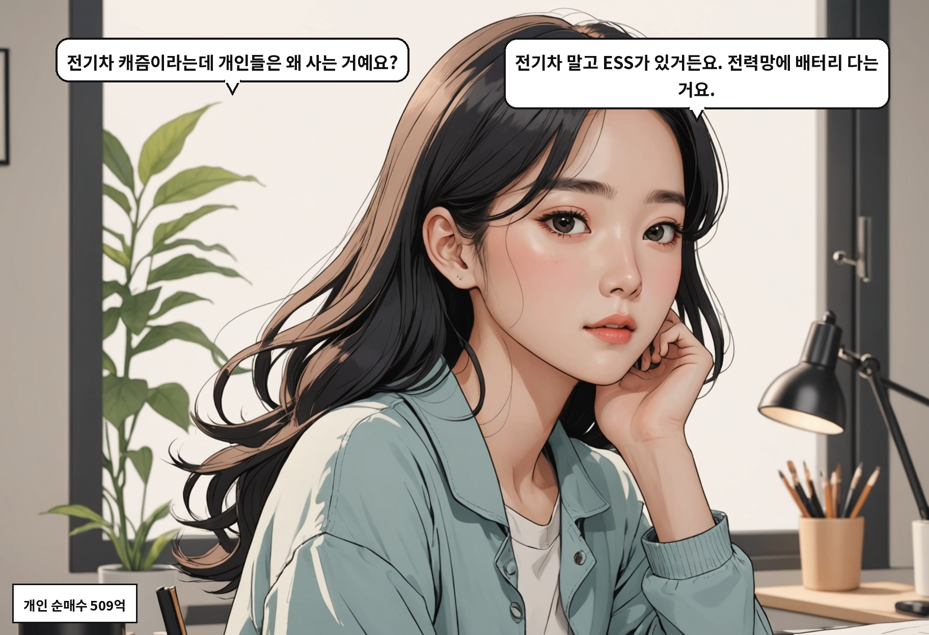 B: 전기차 캐즘이라는데 개인들은 왜 사는 거예요? A: 전기차 말고 ESS가 있거든요. 전력망에 배터리 다는 거요.