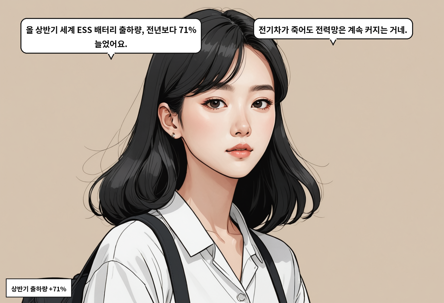 A: 올 상반기 세계 ESS 배터리 출하량, 전년보다 71% 늘었어요. B: 전기차가 죽어도 전력망은 계속 커지는 거네.