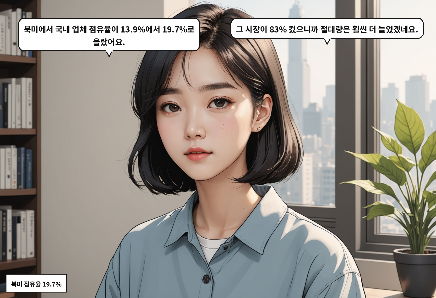 A: 북미에서 국내 업체 점유율이 13.9%에서 19.7%로 올랐어요. B: 그 시장이 83% 컸으니까 절대량은 훨씬 더 늘었겠네요.