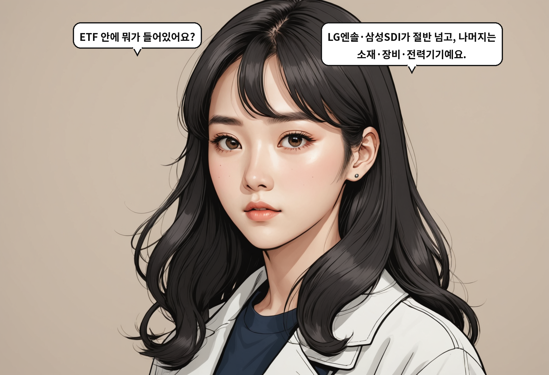 B: ETF 안에 뭐가 들어있어요? A: LG엔솔·삼성SDI가 절반 넘고, 나머지는 소재·장비·전력기기예요.
