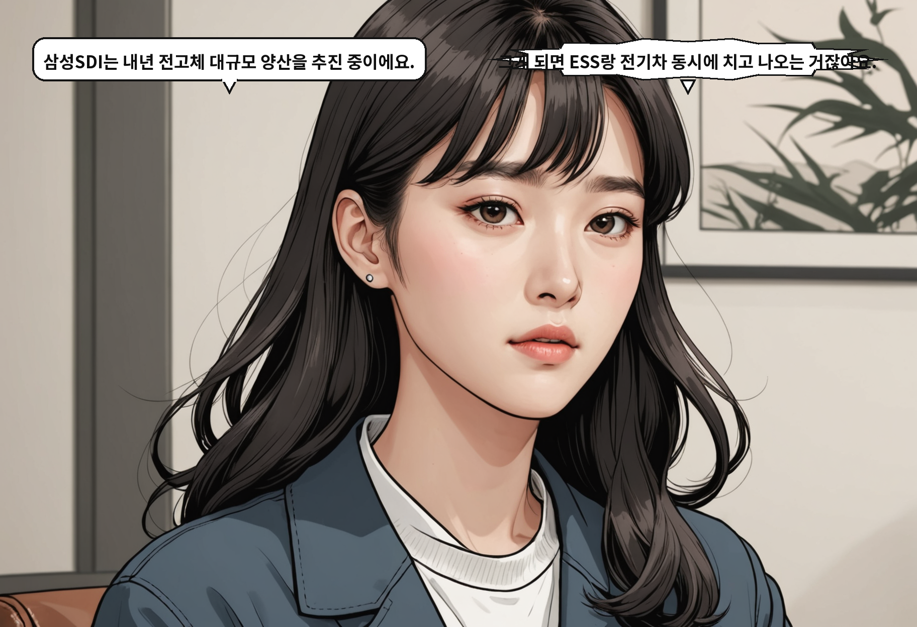 A: 삼성SDI는 내년 전고체 대규모 양산을 추진 중이에요. B: 그게 되면 ESS랑 전기차 동시에 치고 나오는 거잖아요.