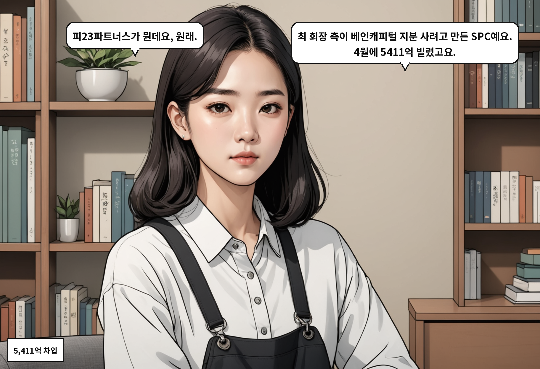 A: 피23파트너스가 뭔데요, 원래. B: 최 회장 측이 베인캐피털 지분 사려고 만든 SPC예요. 4월에 5411억 빌렸고요.