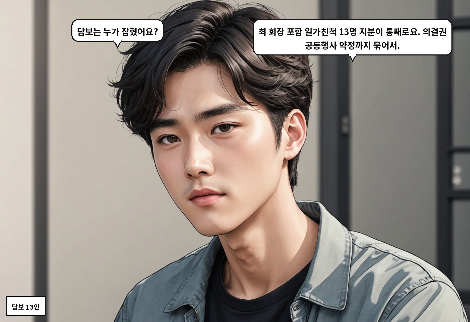A: 담보는 누가 잡혔어요? B: 최 회장 포함 일가친척 13명 지분이 통째로요. 의결권 공동행사 약정까지 묶어서.