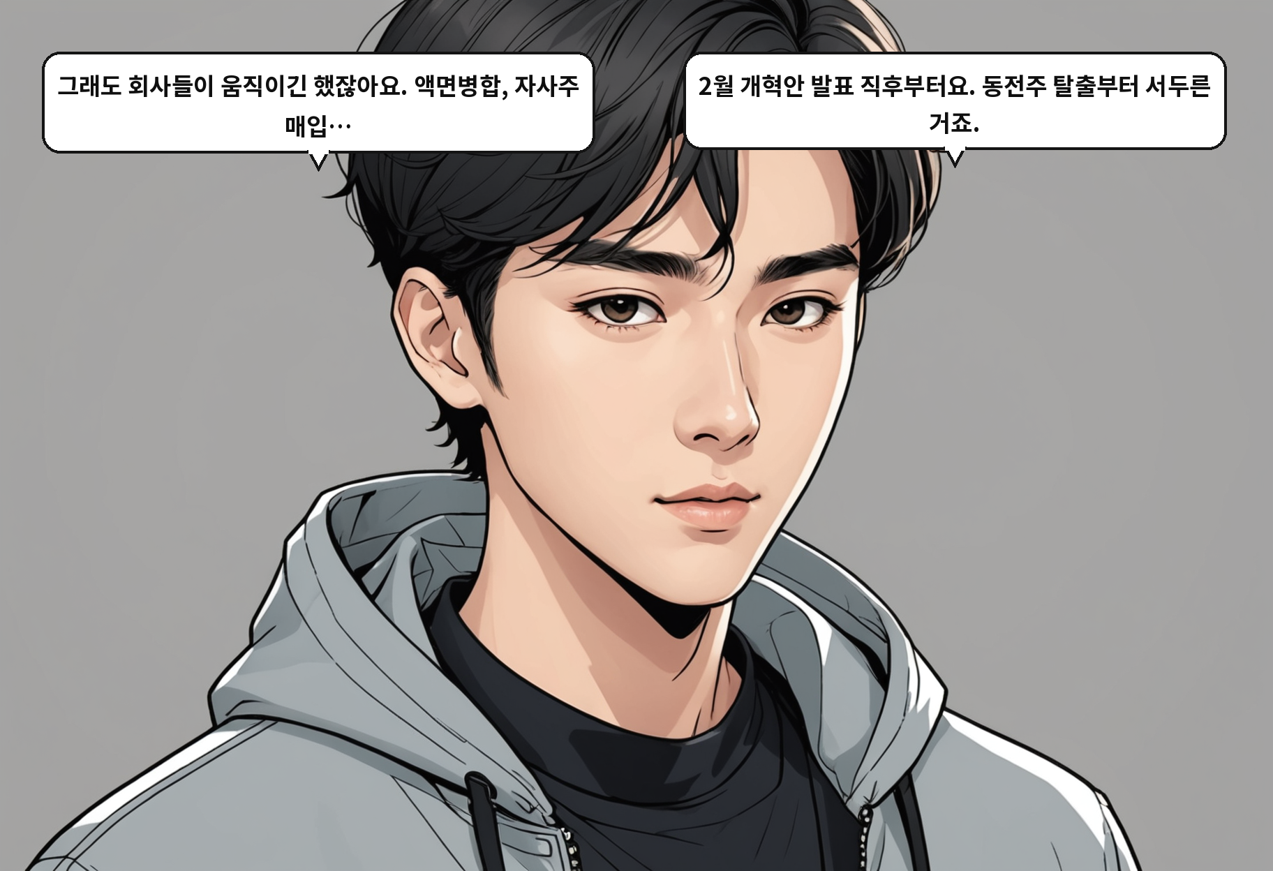 A: 그래도 회사들이 움직이긴 했잖아요. 액면병합, 자사주 매입… B: 2월 개혁안 발표 직후부터요. 동전주 탈출부터 서두른 거죠.