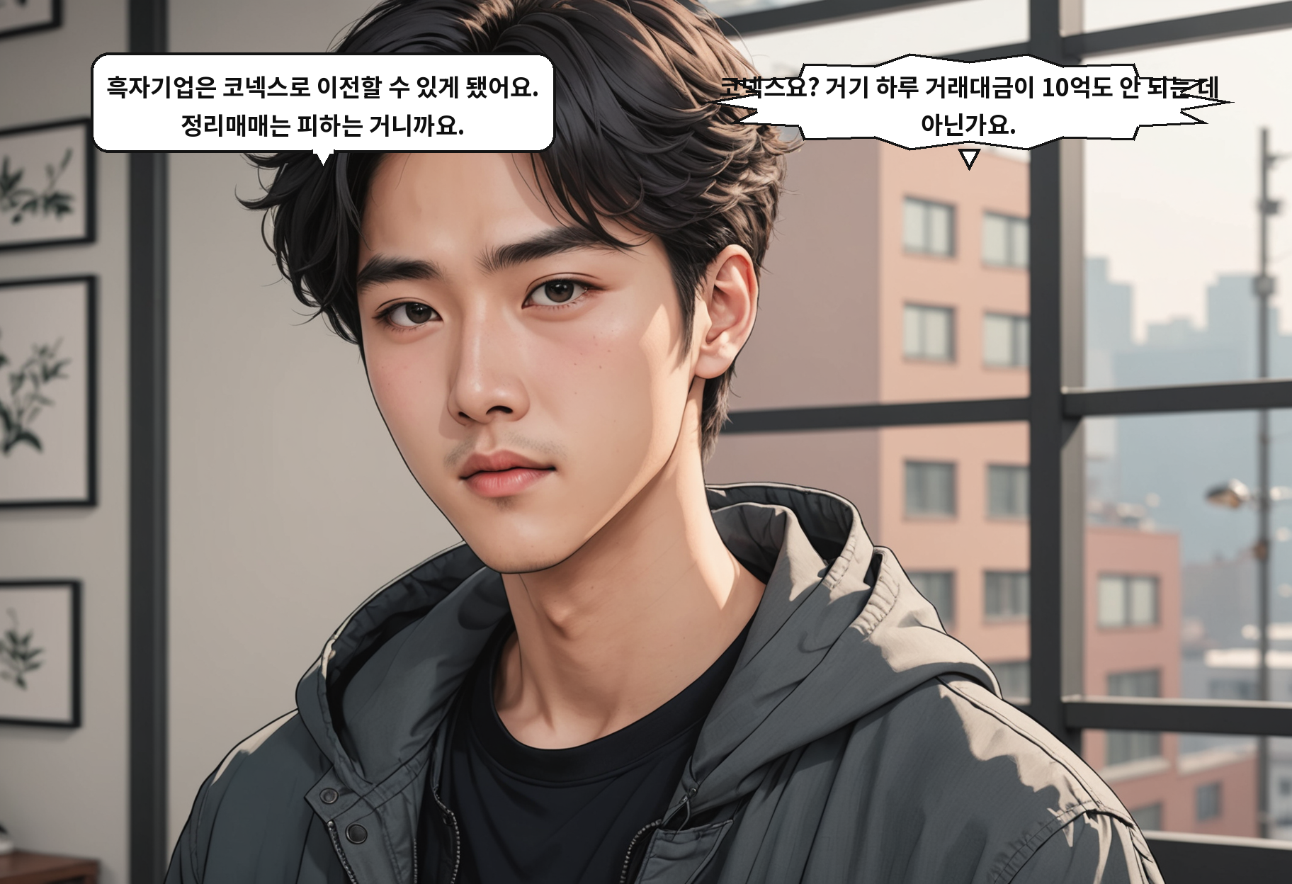 B: 흑자기업은 코넥스로 이전할 수 있게 됐어요. 정리매매는 피하는 거니까요. A: 코넥스요? 거기 하루 거래대금이 10억도 안 되는 데 아닌가요.