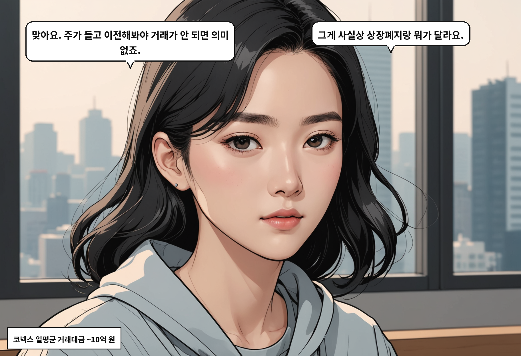 B: 맞아요. 주가 들고 이전해봐야 거래가 안 되면 의미 없죠. A: 그게 사실상 상장폐지랑 뭐가 달라요.