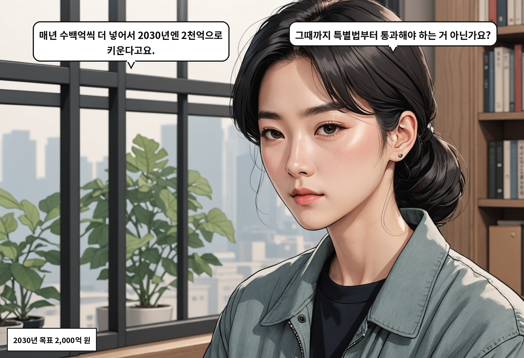 B: 매년 수백억씩 더 넣어서 2030년엔 2천억으로 키운다고요. A: 그때까지 특별법부터 통과해야 하는 거 아닌가요?
