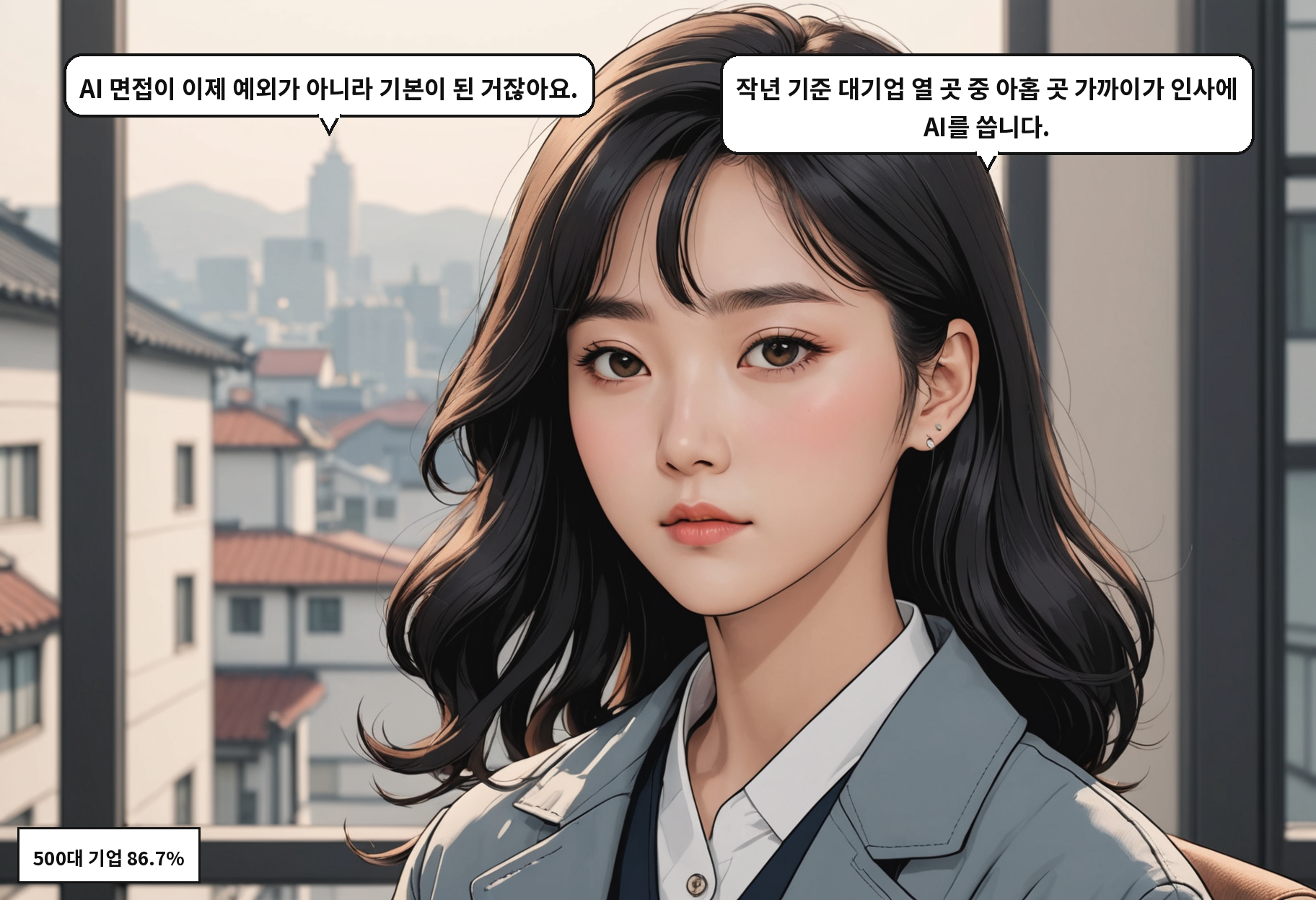 A: AI 면접이 이제 예외가 아니라 기본이 된 거잖아요. B: 작년 기준 대기업 열 곳 중 아홉 곳 가까이가 인사에 AI를 씁니다.