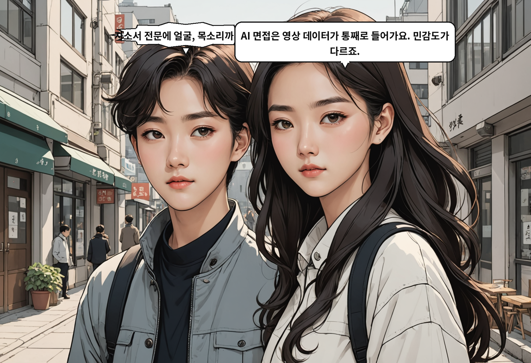 A: 자소서 전문에 얼굴, 목소리까지요? B: AI 면접은 영상 데이터가 통째로 들어가요. 민감도가 다르죠.