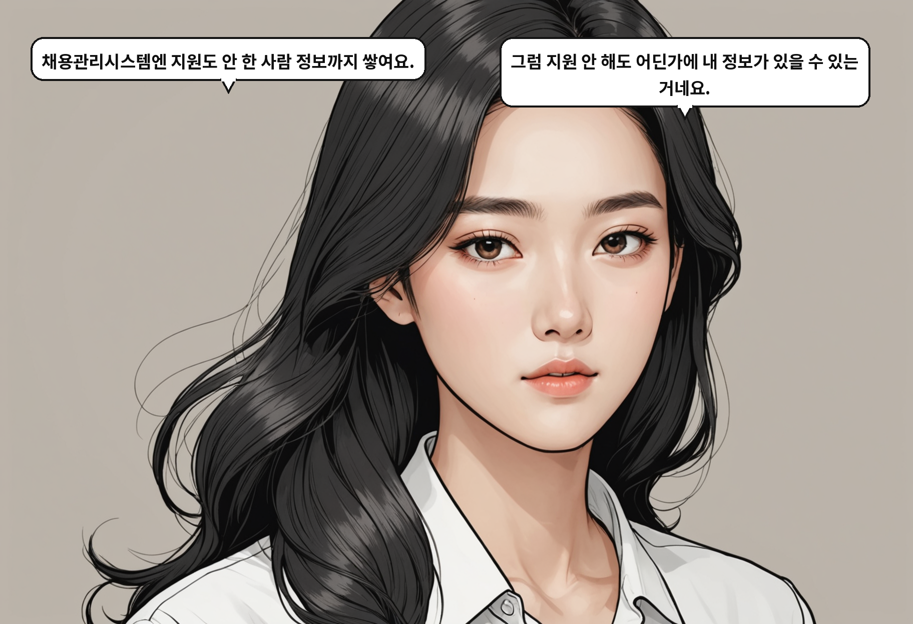 B: 채용관리시스템엔 지원도 안 한 사람 정보까지 쌓여요. A: 그럼 지원 안 해도 어딘가에 내 정보가 있을 수 있는 거네요.